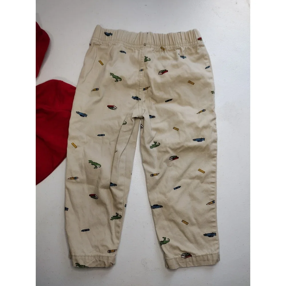 Carters Toddler Boy 2T Red Long Sleeve Polo &‎ Dinosaur Print Khaki Pants Set